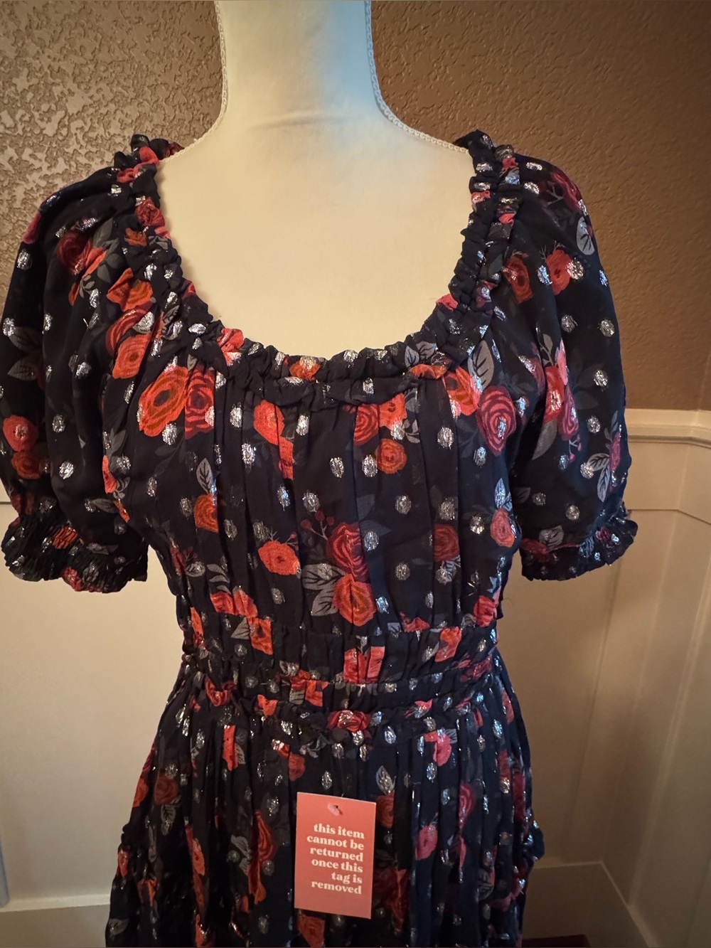 Ivy City Co Black Maxi Dress with Red Floral Print and silver polka dots. - Picture 3 of 10